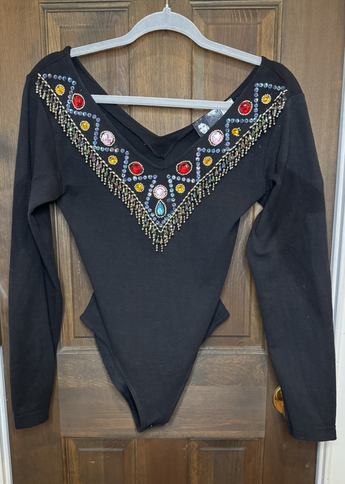 VTG 80s In Charge Bejeweled Beaded Bodysuit M Black Fringe Western Glam Rock Top