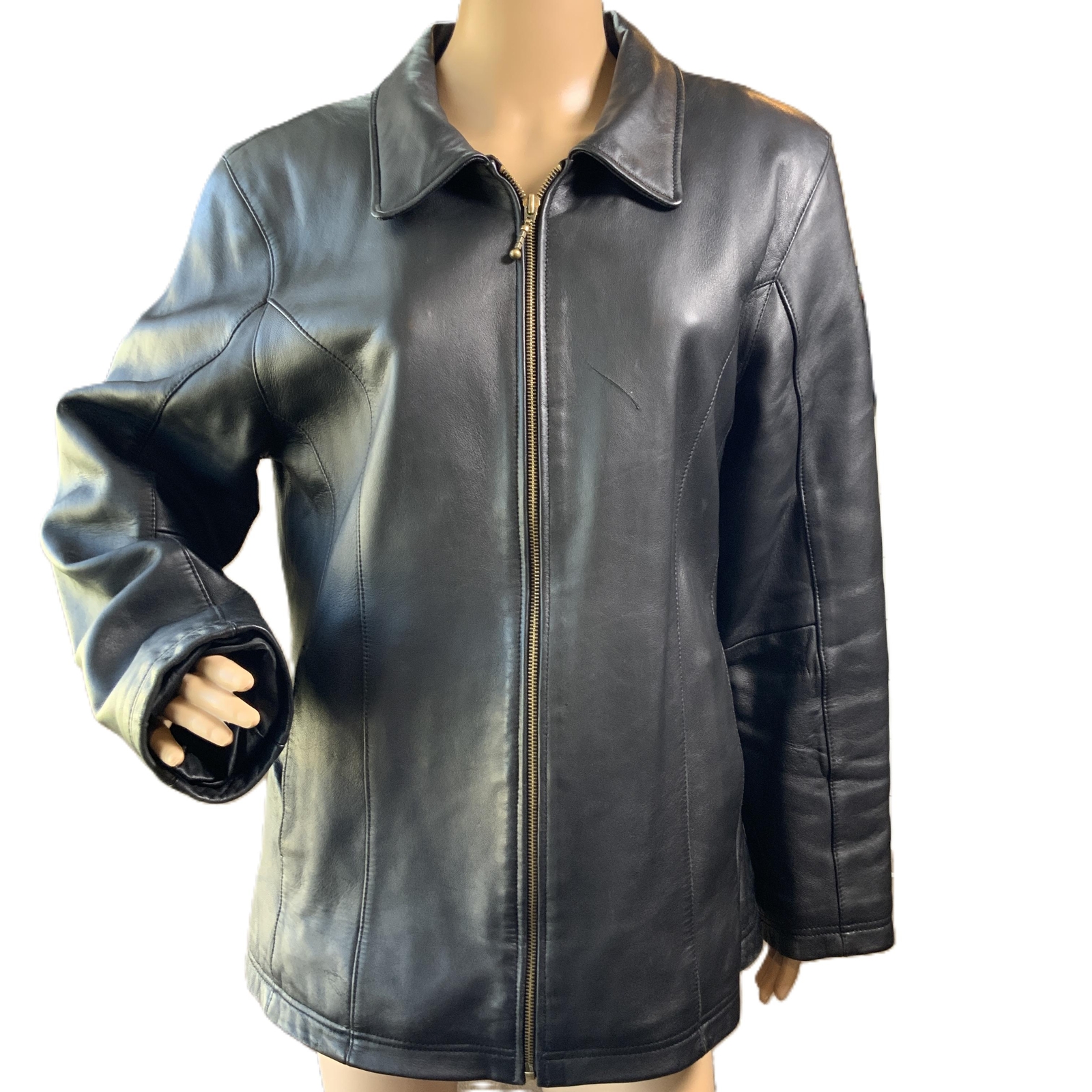 Burks Bay Black Zipper Closure Collared Leather Jacket Size Medium Vintage 90’s