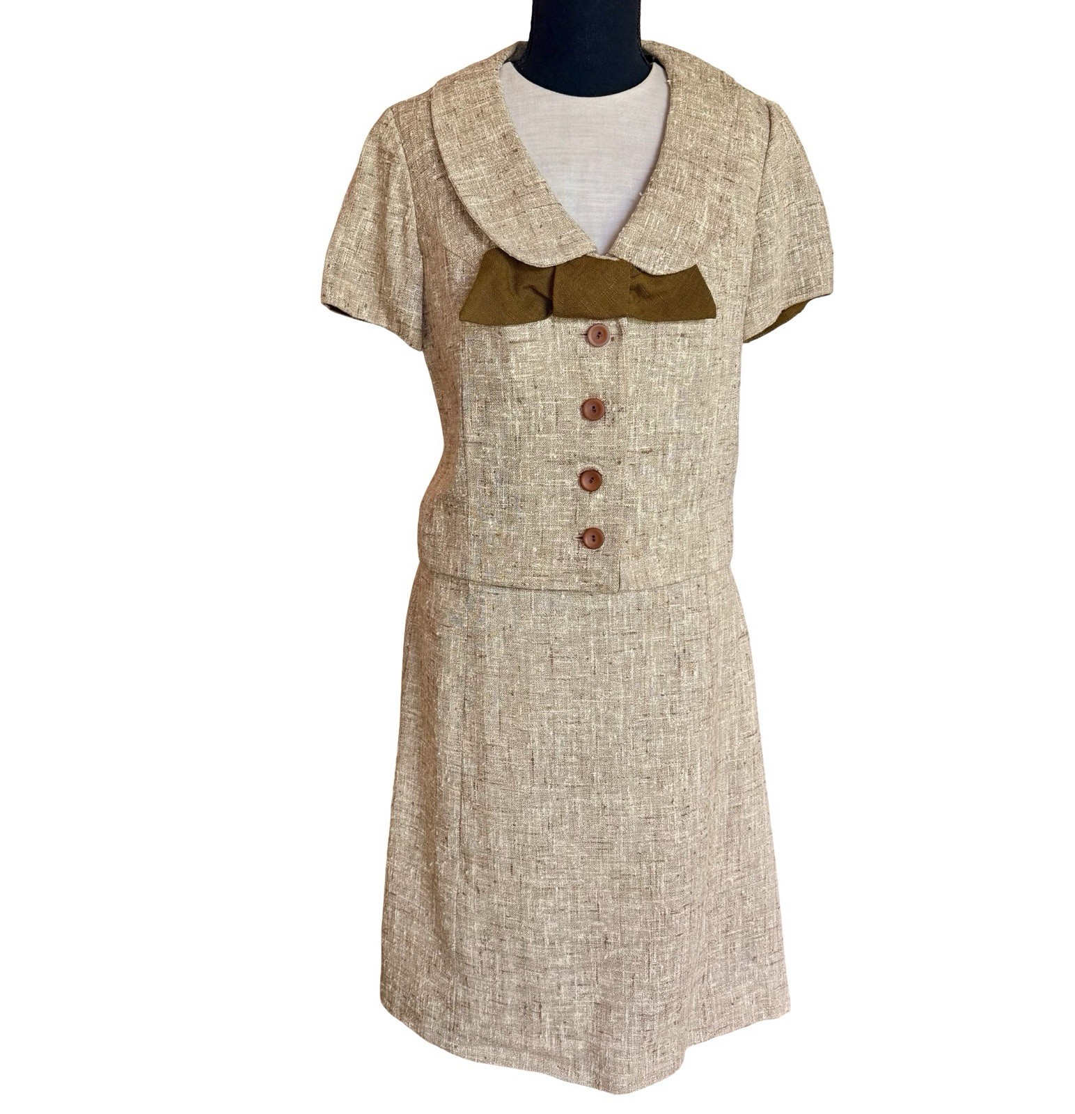 Vintage 1960s Sue Brett Tweed Style Dress and Jacket Set with Bow Size 6 Mod