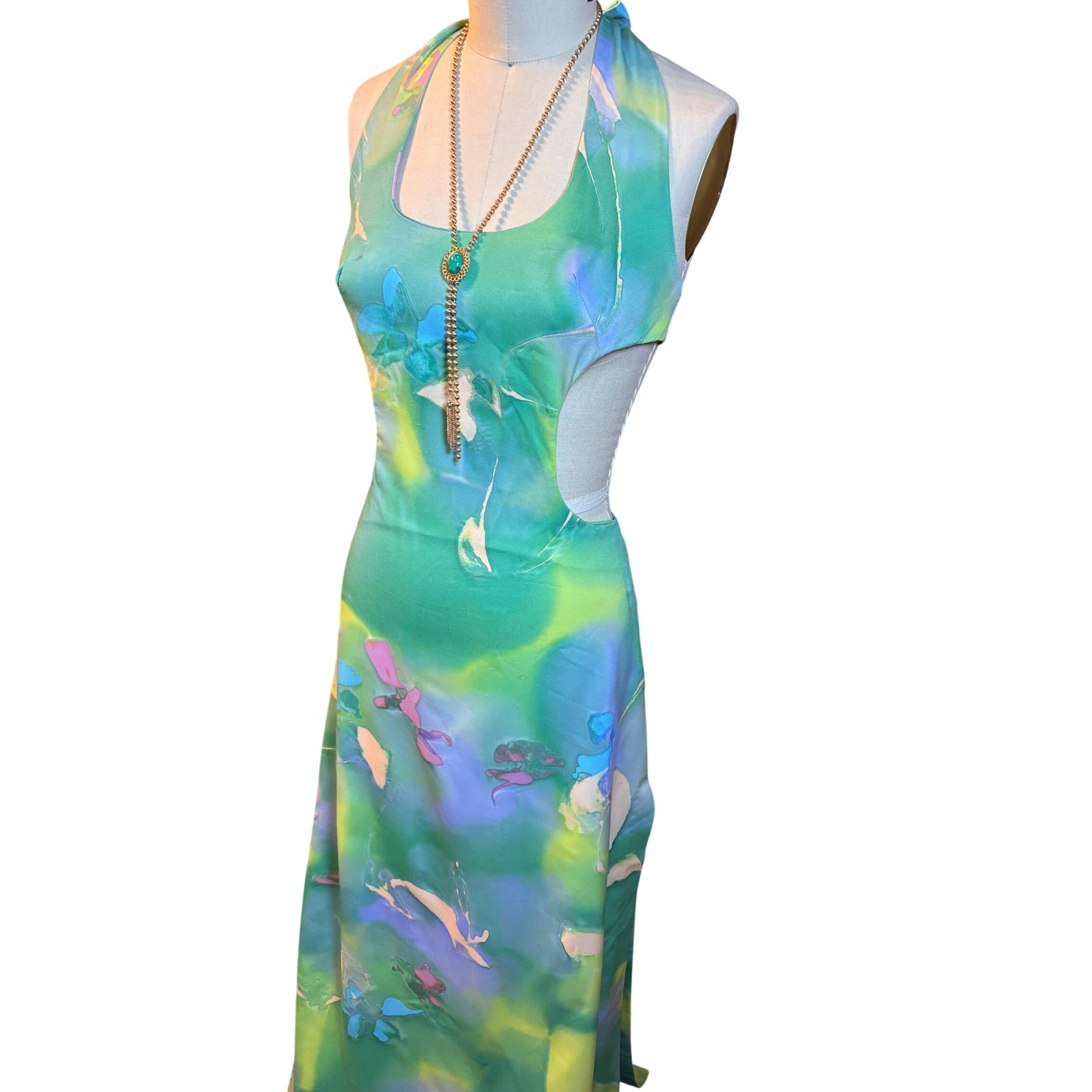 Watercolor Abstract Maxi Dress Set Halter Cutout Bolero Hippie Green Vintage