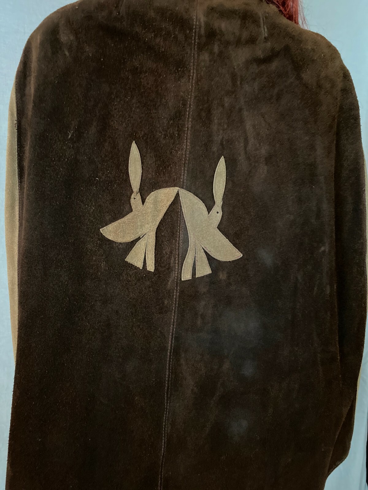 Vtg 60-70s Cape Poncho Coat 2 Tone Brown Diamond Art Love Zip Birds Back Hippy S