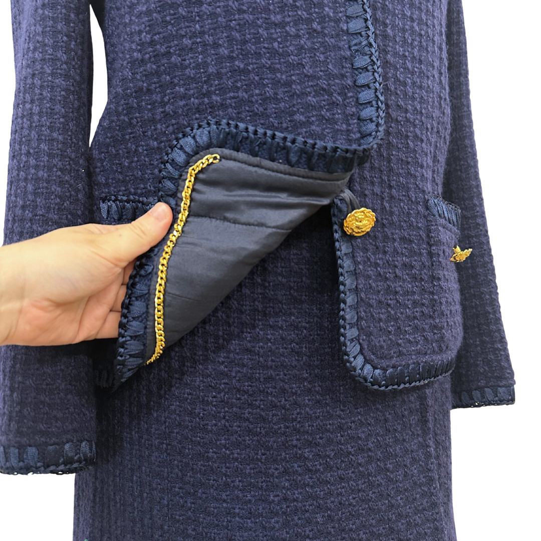 Vintage 1960s Saks Fifth Avenue Navy Blue Bouclé Wool Two Piece Skirt Suit Set