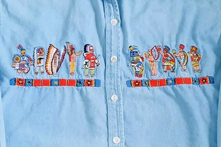 Vintage Jou Jou Long Sleeve Denim Jean South Western Indian Embroidered Shirt XL