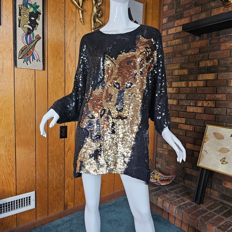 Vintage 80s Disco Panther Sequin Evening Cocktail Party Micro Mini Dress M/L/XL