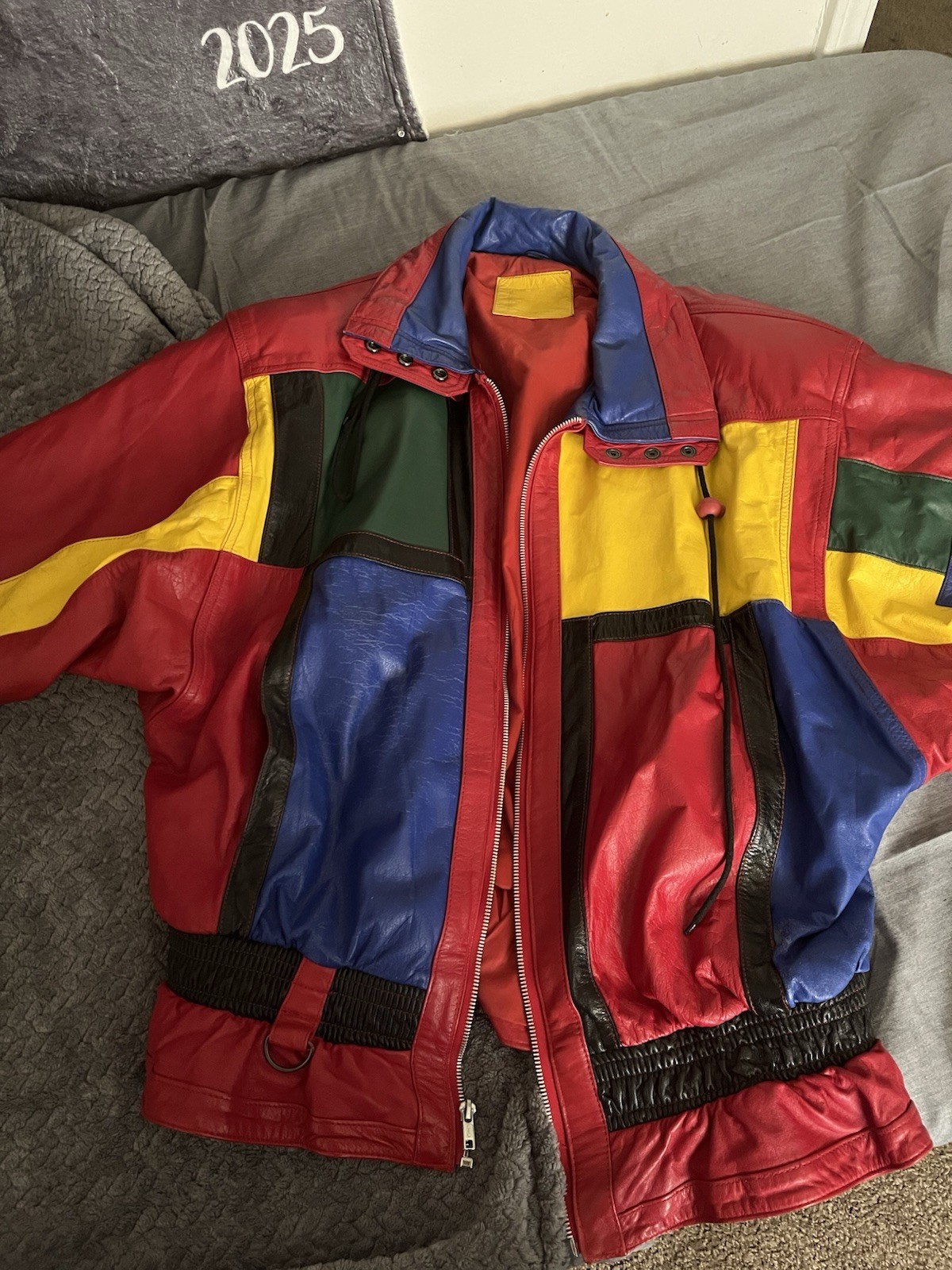 Vintage Mixed Blues Leather Jacket M 80s 90s Colorblock Genuine Leather Bomber