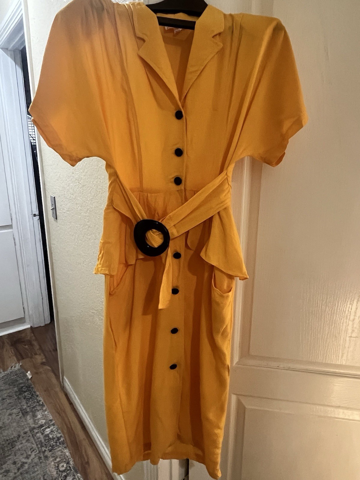 VTG 80’s Diamonds Run 100% Rayon Marigold Yellow Poplin With Peplum Layer W/belt