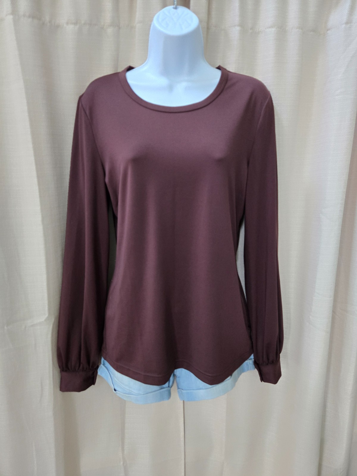 Vtg Newport News Retro Mod Style Casual Dressy Brown Stretch Bishop Sleeve Top M