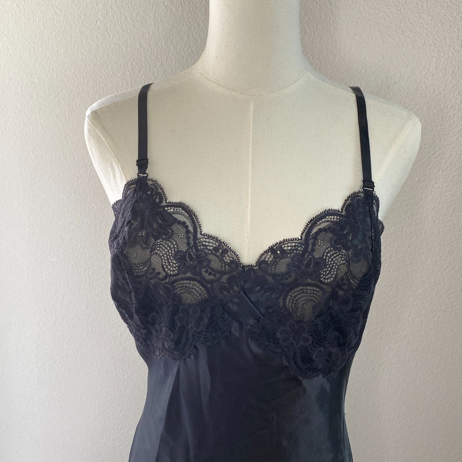 Vintage Black Satin Lace Trim Slip Dress Midi Adjustable Straps