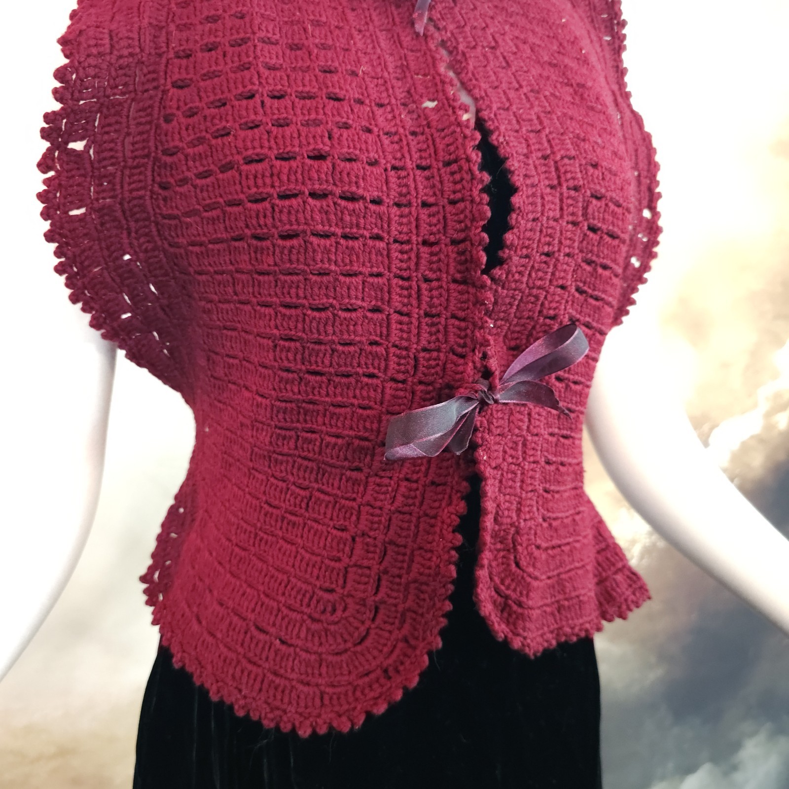 Burgandy Red Crochet Antique Vest 1920s 1930s Art Deco Sweater Shawl Bow Ties…