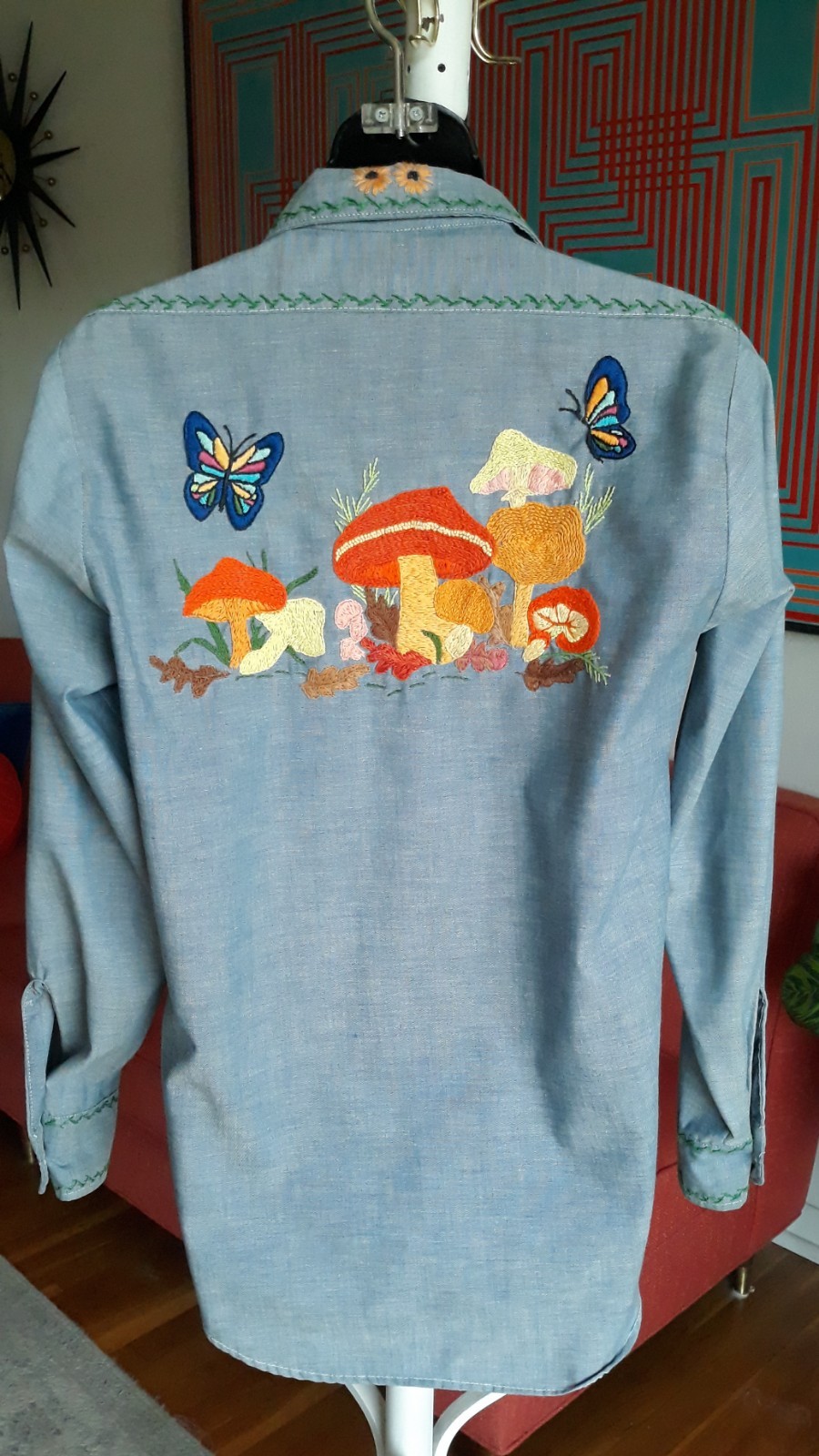 Vtg 70s Shirt Hand Embroidered Mushrooms Butterflies Chambray Buttonup Womens Sm