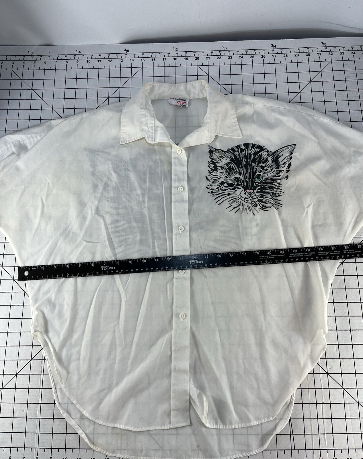Vintage 80s 90s Kitten Cat Face Graphic Shirt White Oversized Dolman Sleeve L XL