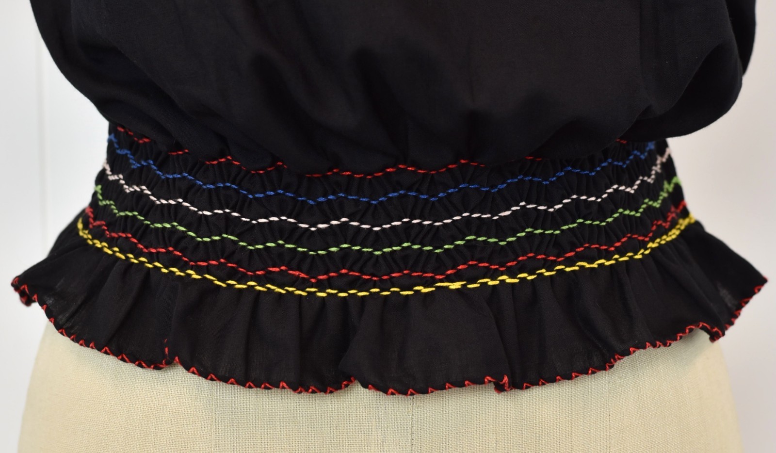 Vtg 1970s does 1930s Black Floral Embroidered Cotton Hungarian Peasant Blouse