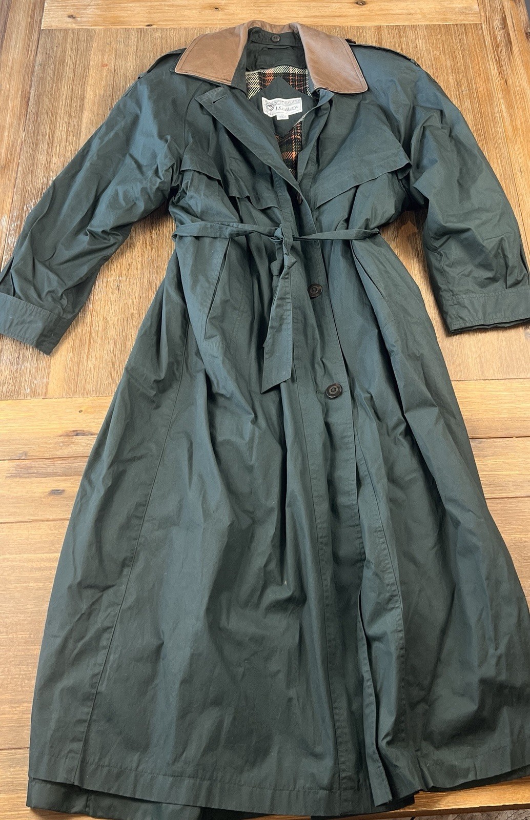 Vintage 90s J.Gallery Green Trench Coat Plaid Lined Long Rain Coat Small 7/8