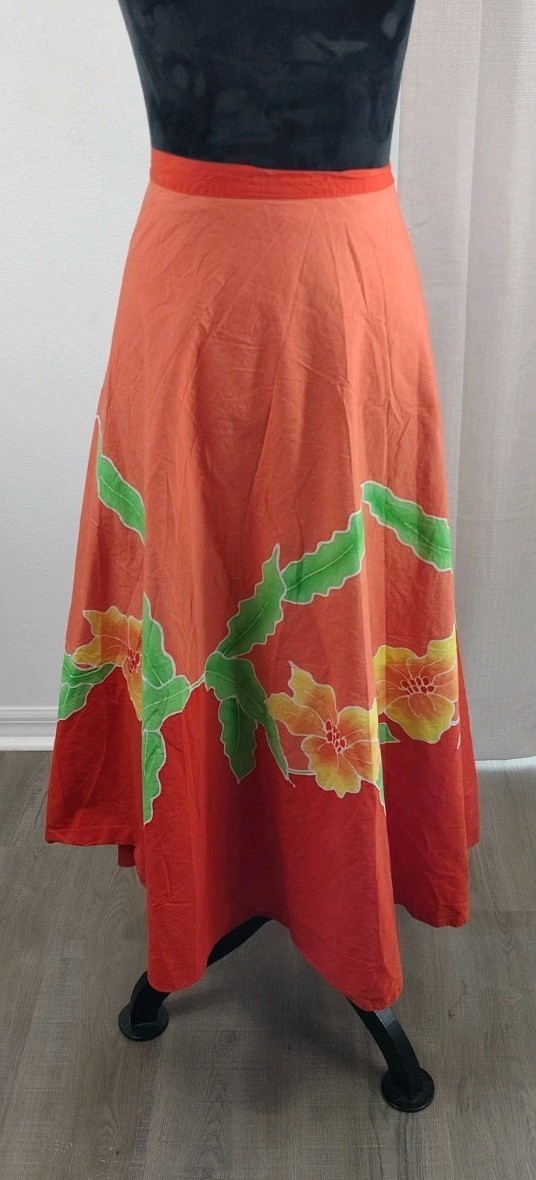 Vintage 70s Bali by Sarinah Batik Wrap Maxi Skirt – Orange Tropical Hibiscus