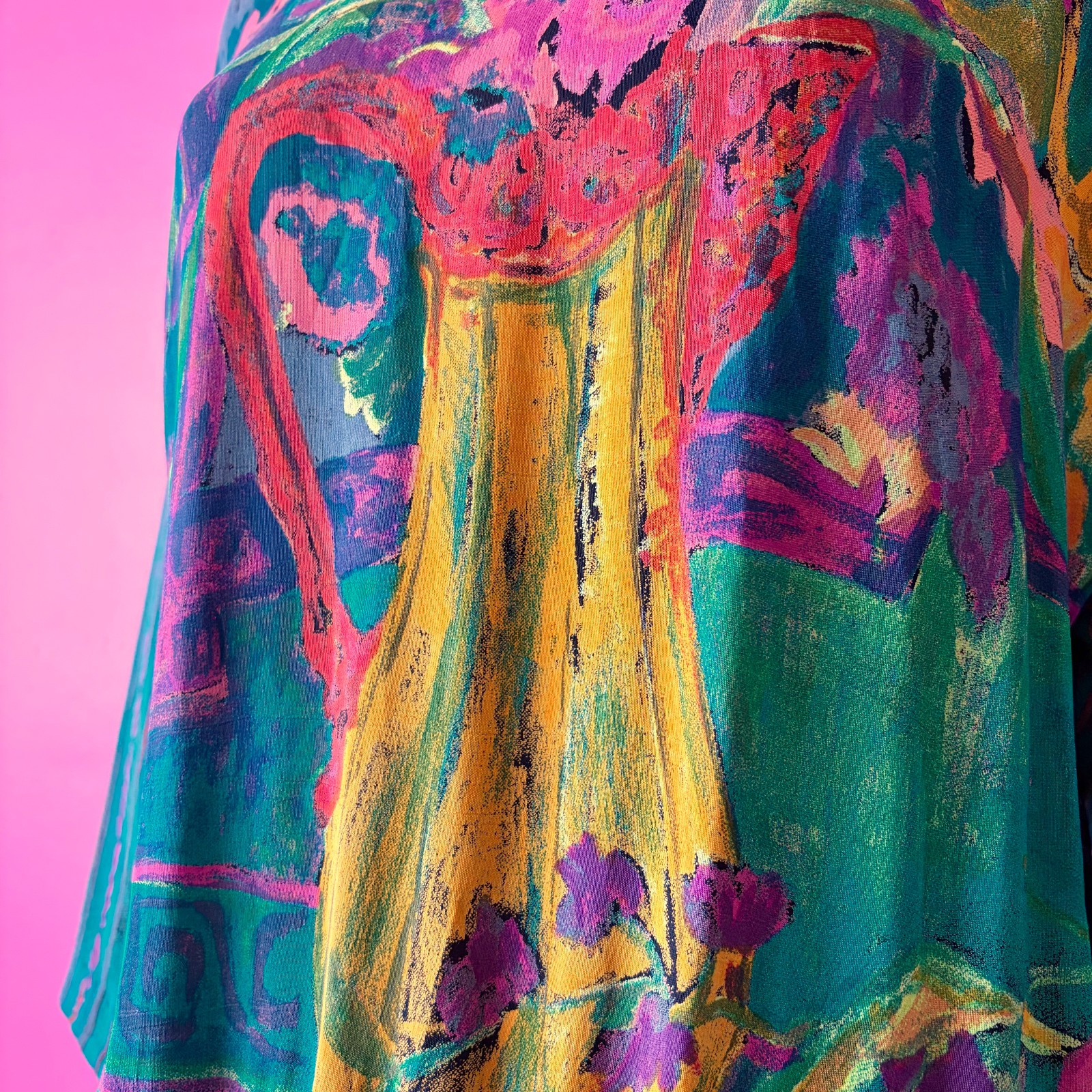 Vintage 80s 8 Midi Dress Dropwaist Teal Multi Abstract Floral Sash Long Sleeves