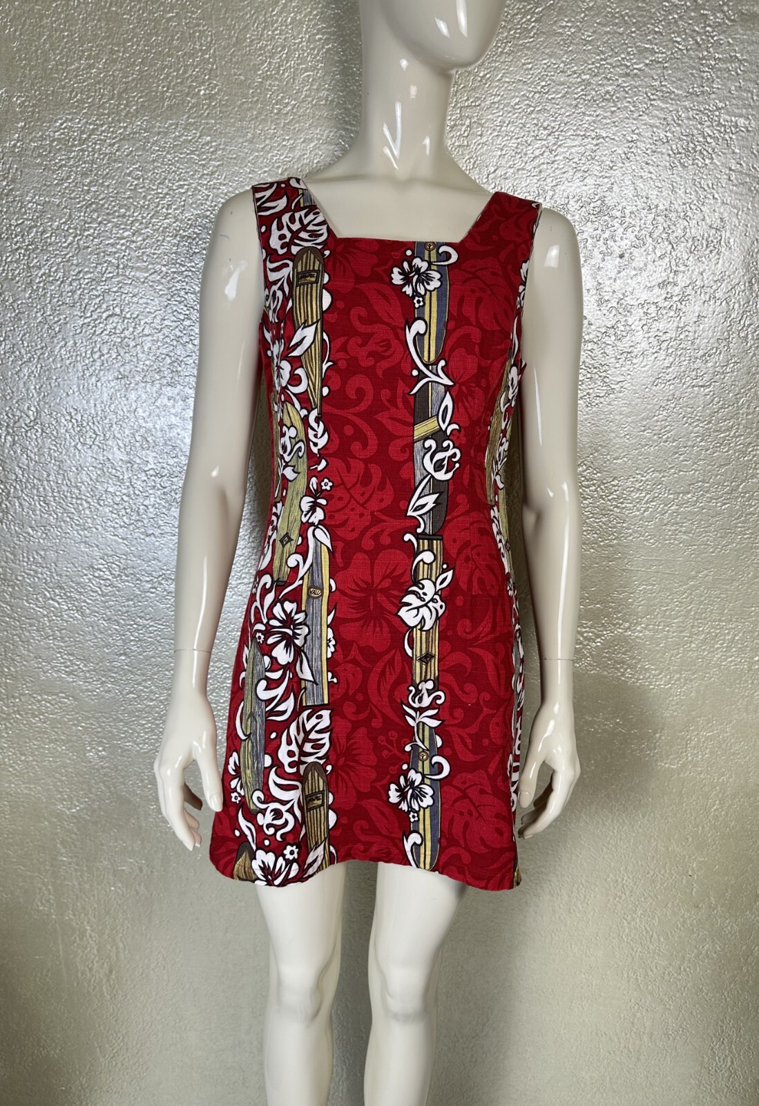 Vintage 1990s Ladies SHANNON MARIE Red Surfboard Hawaiian Cotton Barkcloth Dress
