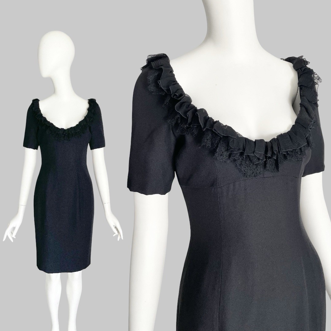 Vintage 1990s Christian Dior Demi-Couture Numbered Black Scoop Neck Dress Ruffle