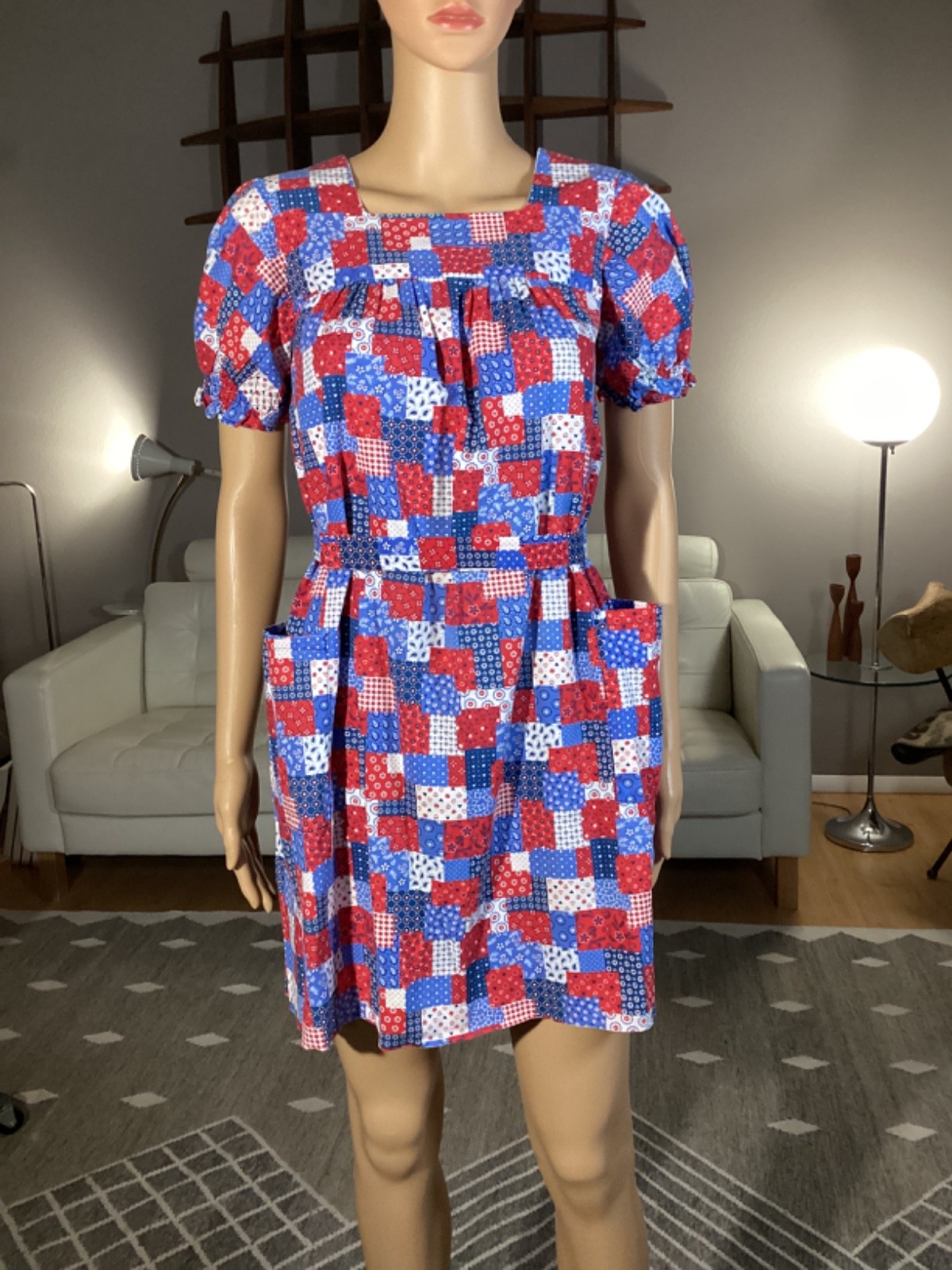 Vintage 1970’s Patchwork Pattern Belted Mini Dress Hippie Boho Open Pockets