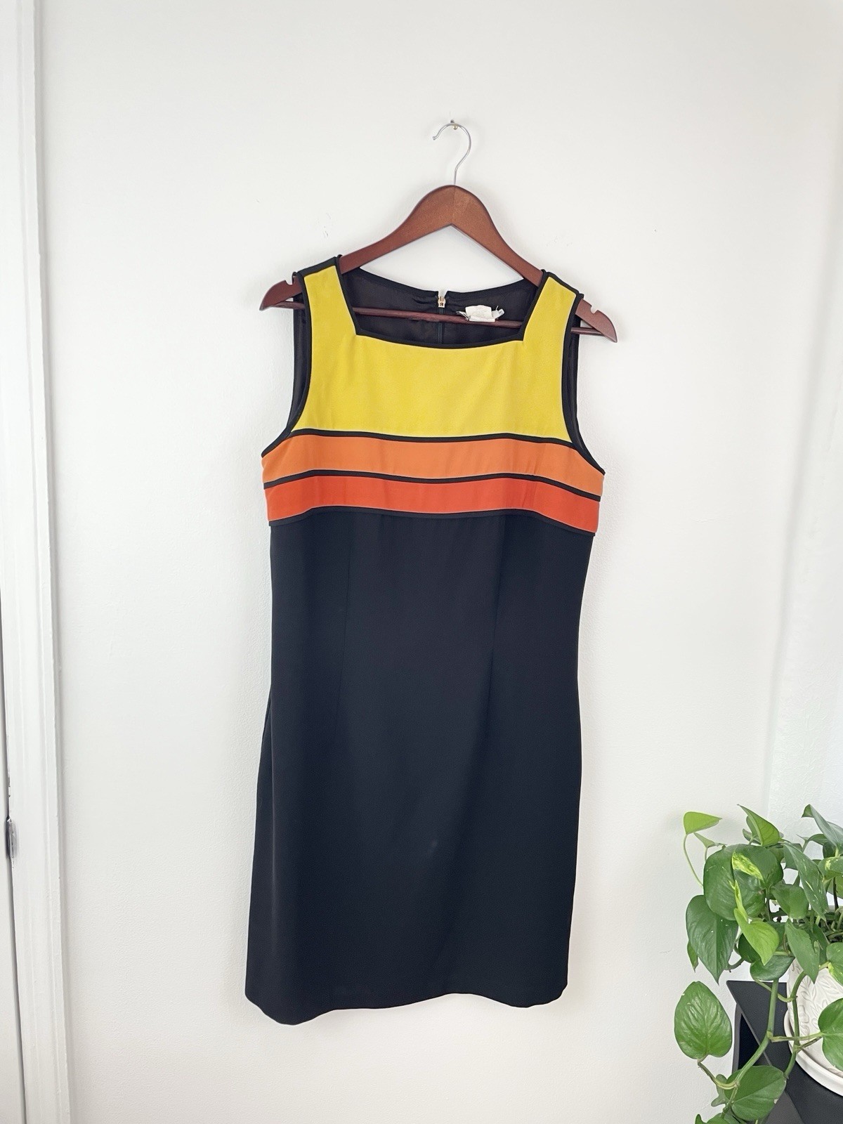 Vtg 90s CDC Colorblock Orange Yellow Black Sleeveless Sheath Dress Women’s 14