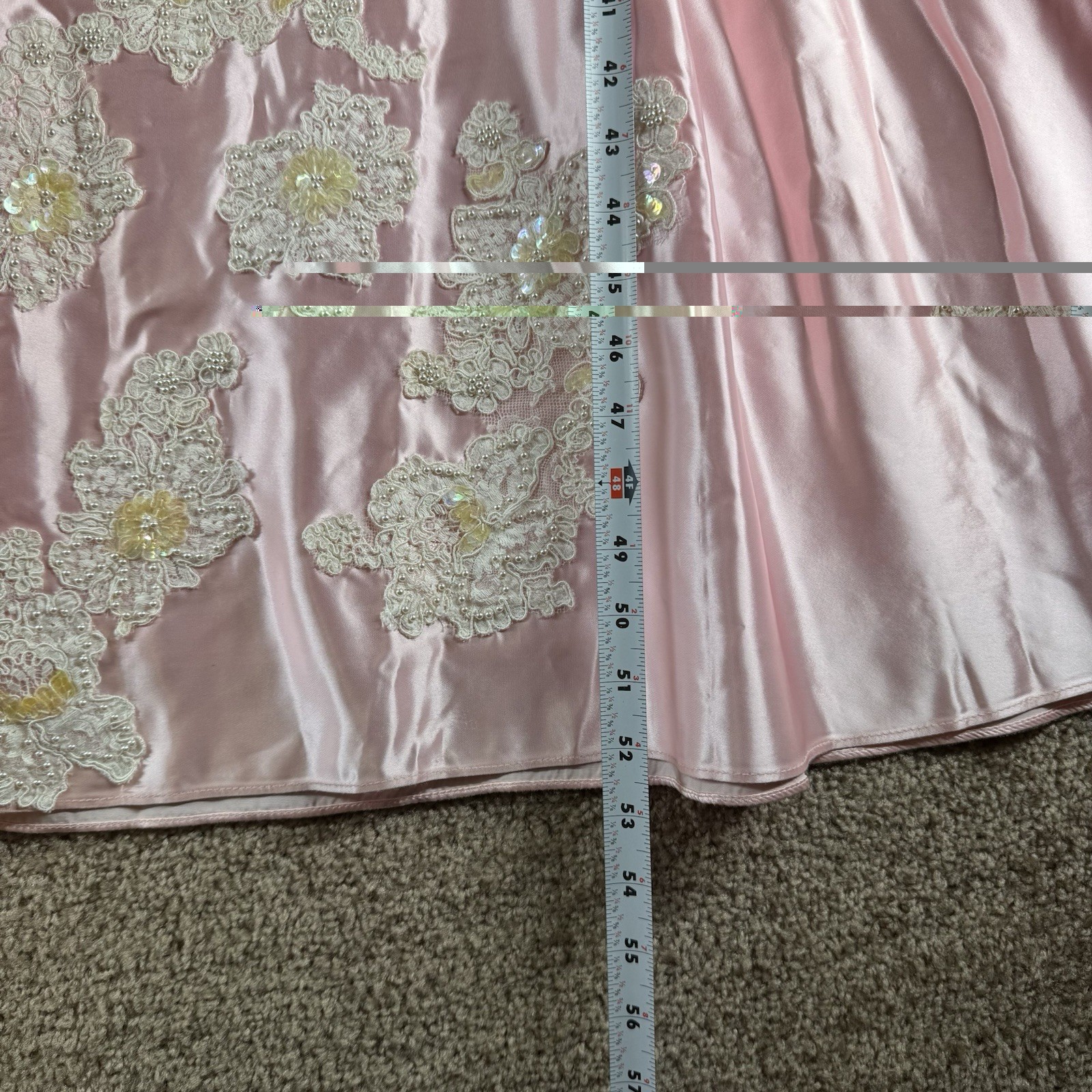 Vintage Pink Satin Gown With Beaded And Lace Details Ruffled Puff Sleeves Small