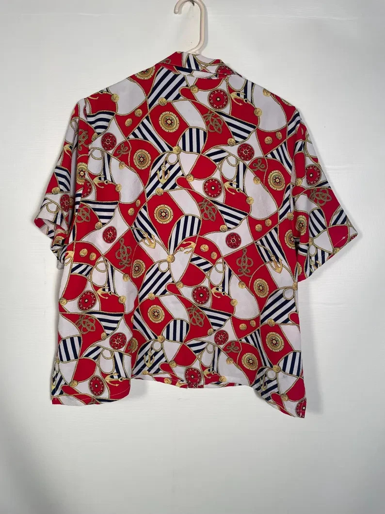 Vintage 80s/90s Plus Size Nautical Rope And Anchor Print Blouse Size XL/2XL
