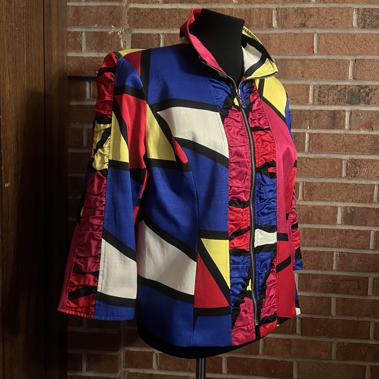 Vintage Mishca Women L Abstract Geometric Colorblock 90s Zip Front Jacket EUC