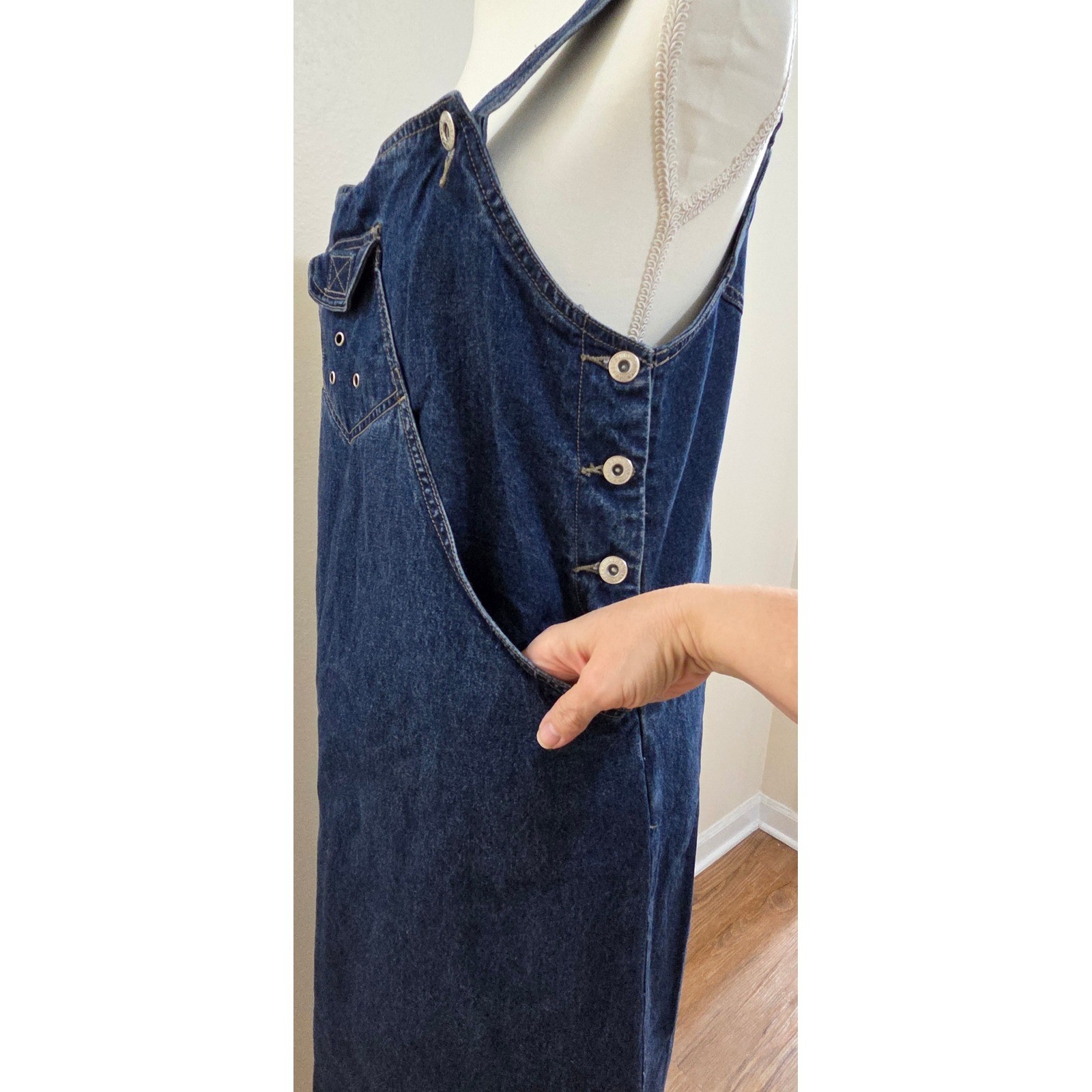 Sunshine Apparel Vintage Denim Overall Maxi Dress Dark Wash Grommet Detail Small