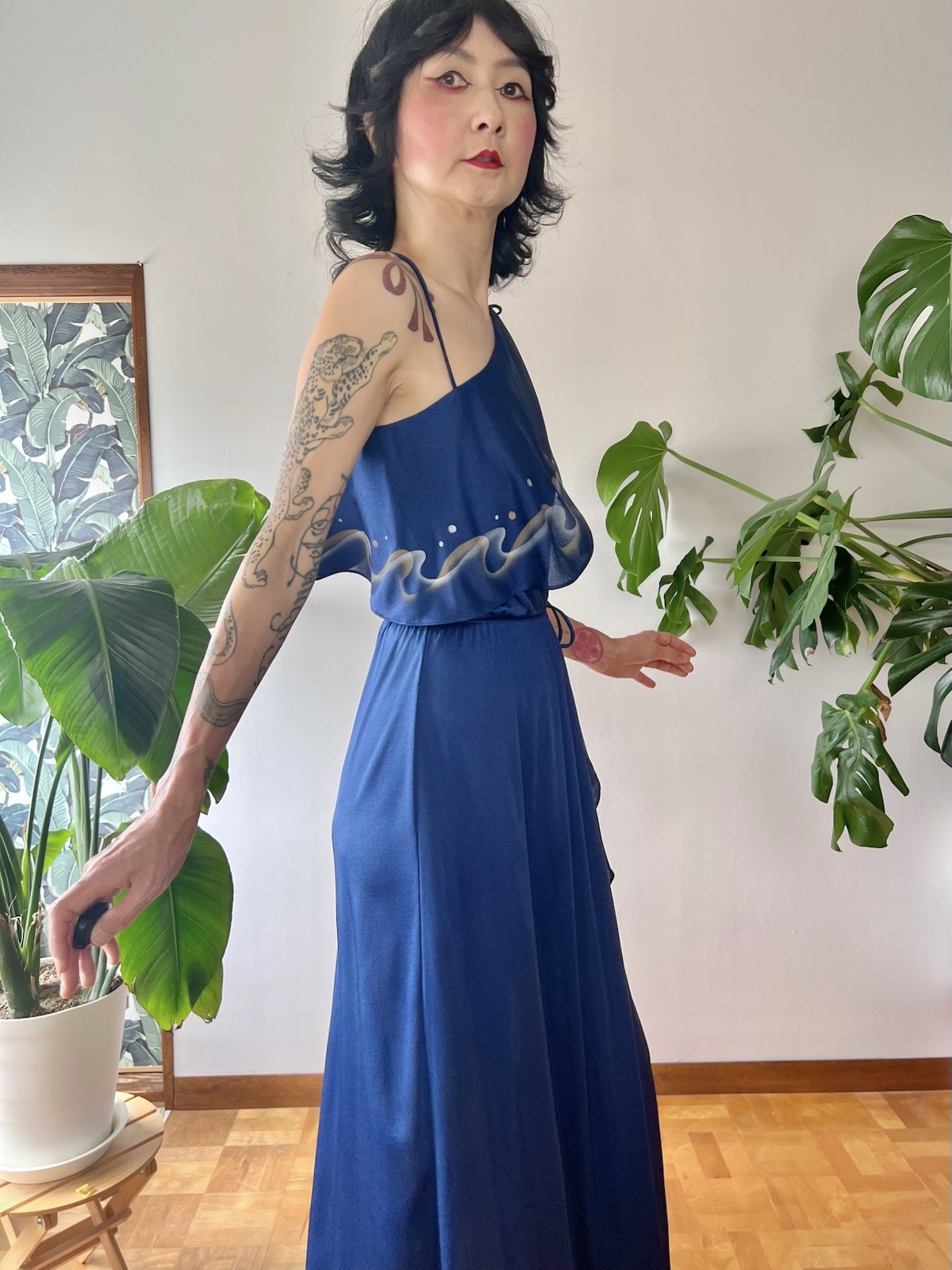 VTG 70s Disco Maxi Dress Airbrush Paint One Shoulder Gown S/M Studio 54 Dress