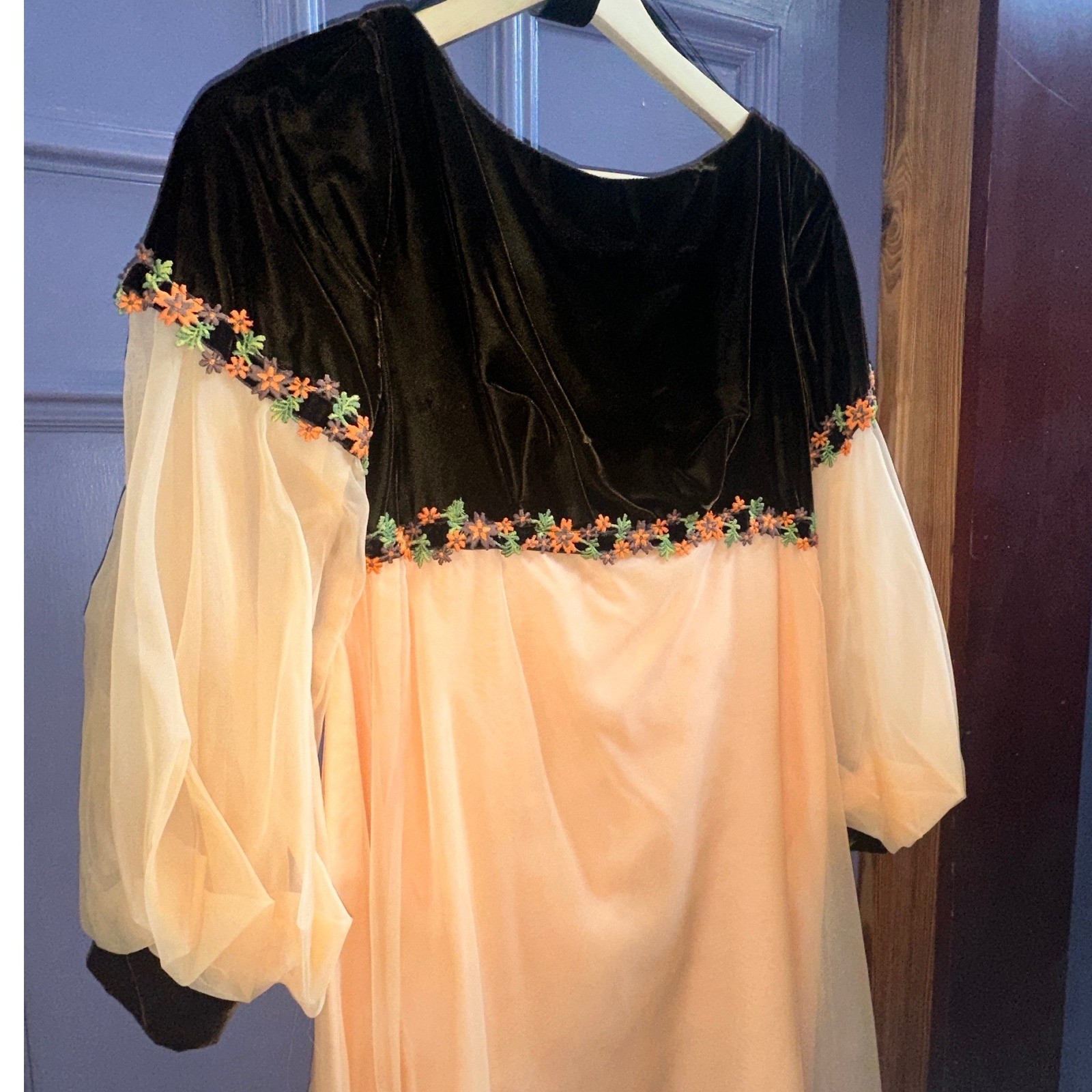 Vintage 70 ILGWU Empire Waist Gown Brown Velvet Peach Chiffon Floral Embroidered