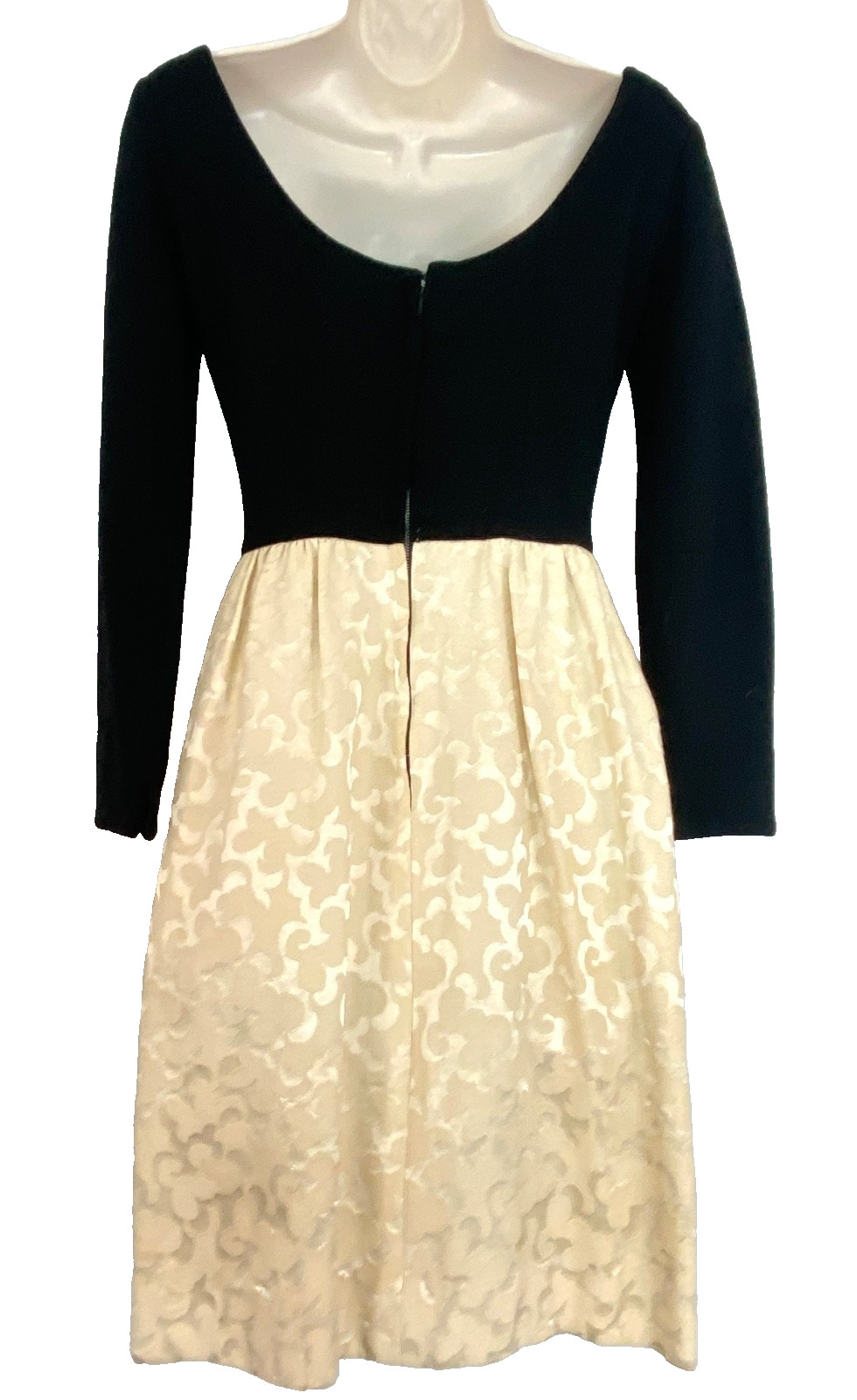 Vintage 1950s black white formal dress XS ivory knee long sleeve wool rosette