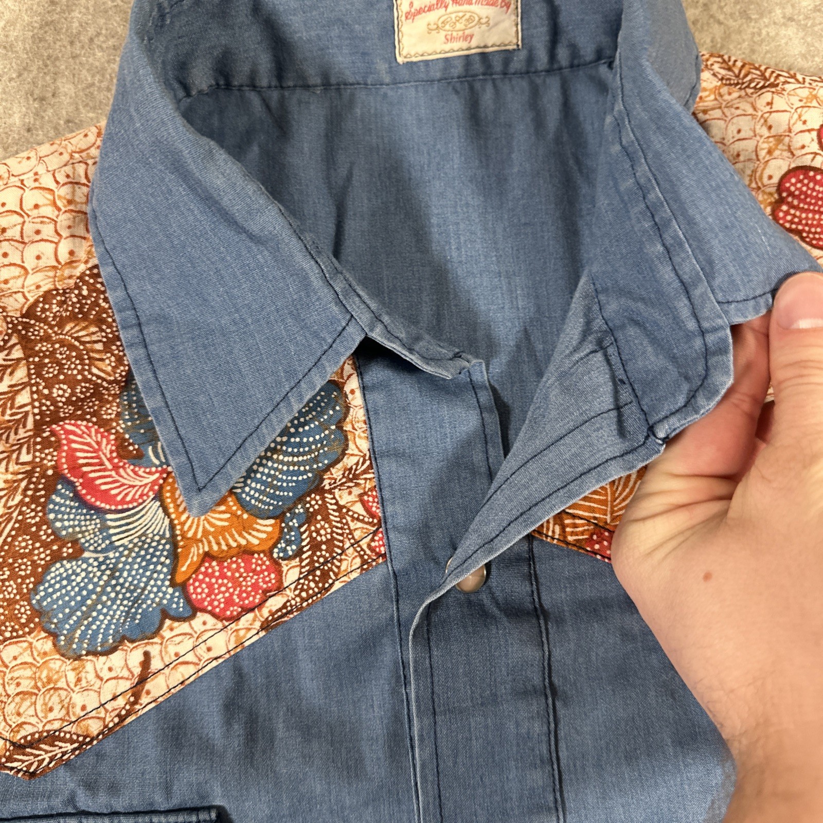Vintage Button-Down Shirt Large? Handmade Shirley Pearl Snap Blue