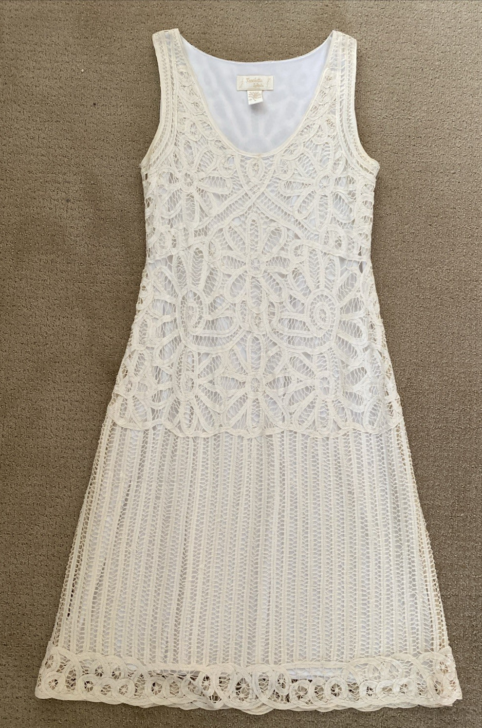 Vtg Y2K Kroshetta By Papillon Ivory Crochet Knit Midi Dress Sz L