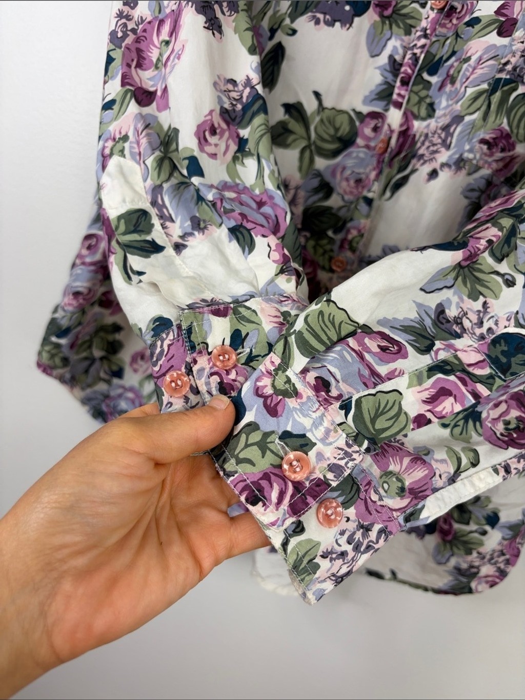 Vintage Silk Blouse Womens Large Gray Purple Green 90s Floral Long Sleeve Top