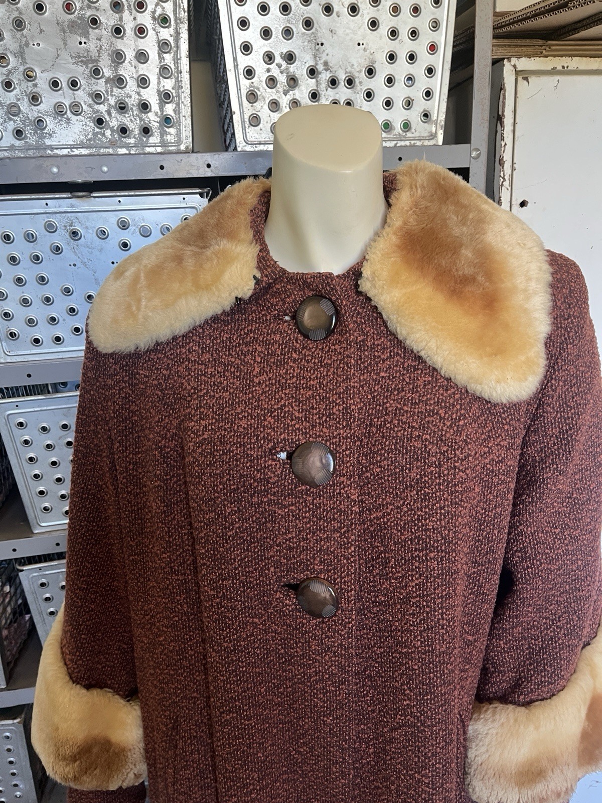 Womens Vintage 1960s Swing / MCM Shearling / Brown Wool Tweed Coat Sz M/L