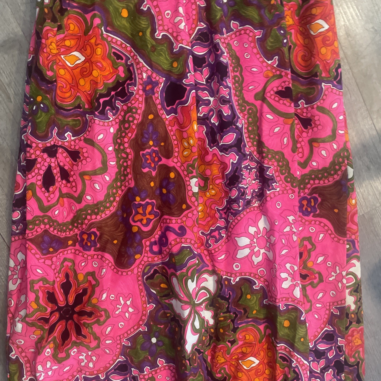 Vtg Sleeveless Maxi Dress Hot Pink Multicolor Psychedelic Print Barkcloth Lg