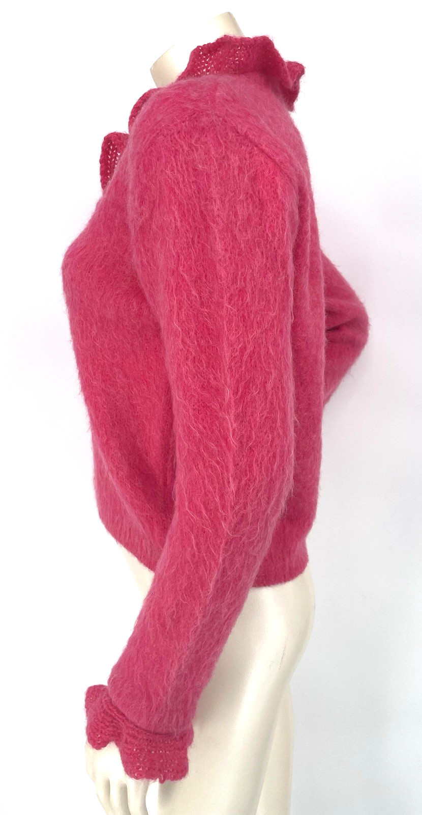Vintage 50s 60s Pink Fuzzy Mohair Blend Crochet Ruffles Pin Up Sweater sm/md