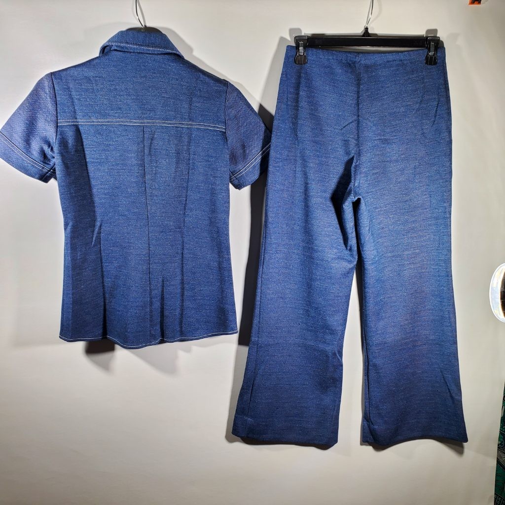 Vintage 70s Paddle & Saddle Denim Look Pant Suit Set Flare Leg Shirt Blue Sz S