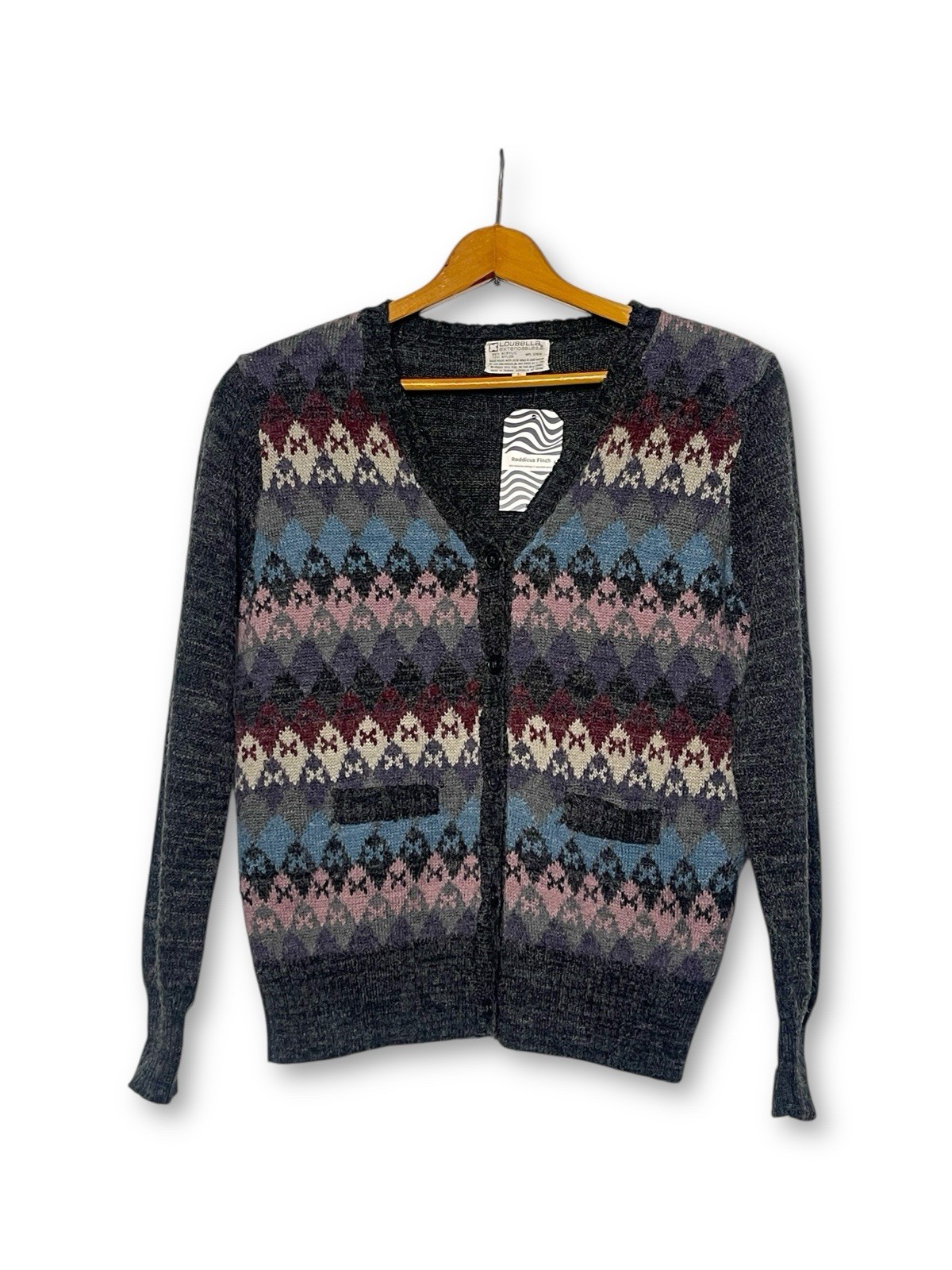 Vintage 80’s Loubella Gray Argyle Knit Cardigan Sweater Size L