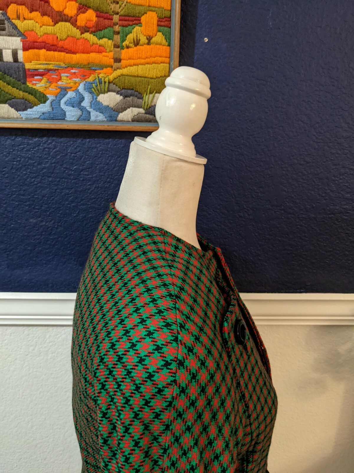VTG Carlisle Green Red Plaid Collarless Blazer Jacket 100% Wool Sz 6 Small S