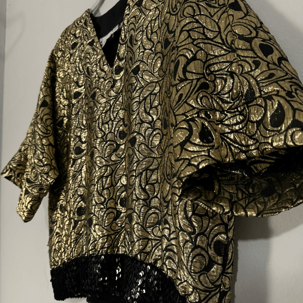 Siasia Vintage 80s Gold Metallic Black Sequin Rayon Made in USA Glam Top M