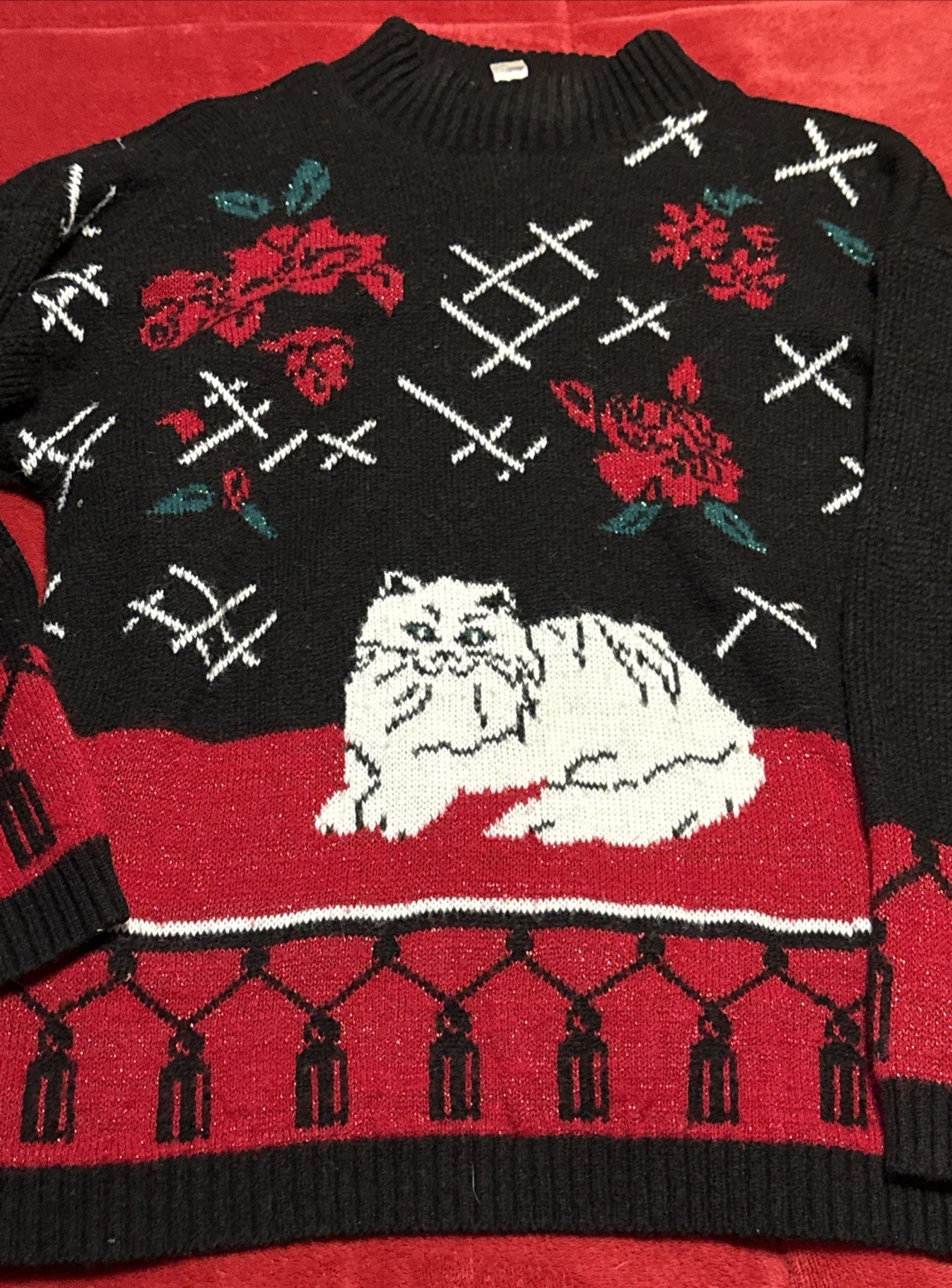 VTG SPUNKY Ugly Sweater Women Black Red Metallic Whimsygoth White Spooky Size?