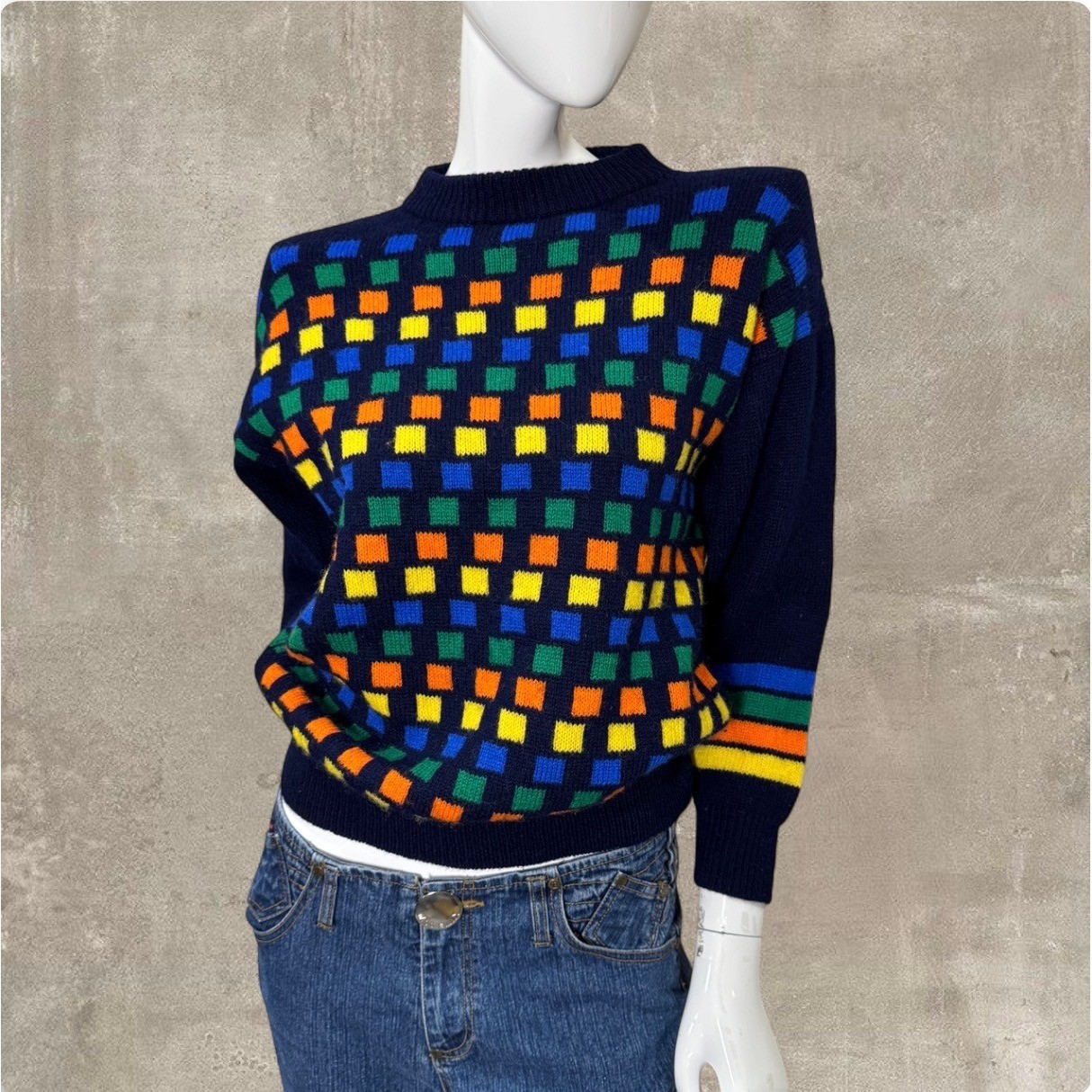 Vintage 80s 100% Wool Knit Sweater Navy Geometric Rainbow Made in Scotland S/M