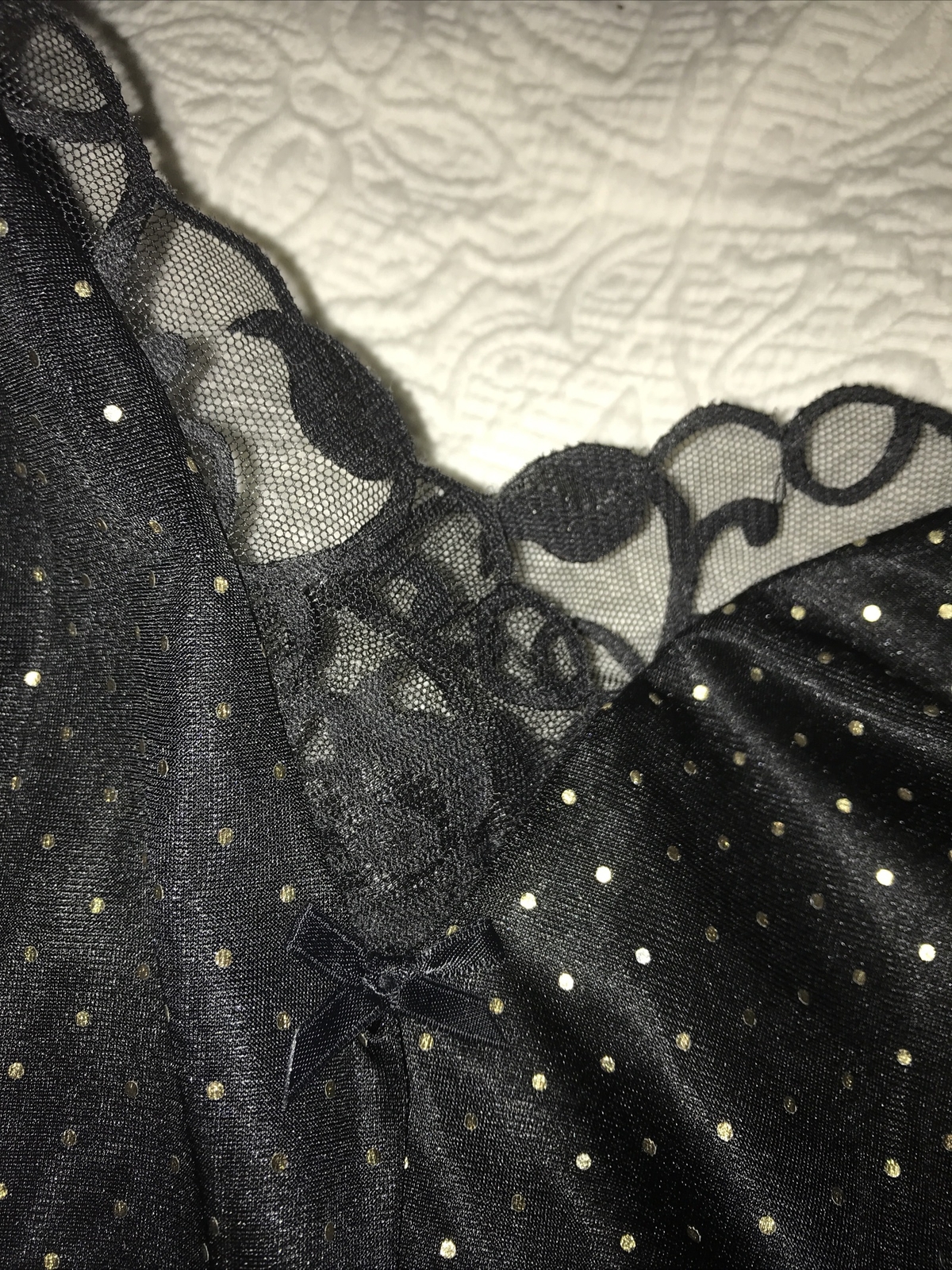 Vintage Teddy ROMPER Bodysuit ROMANTIC FASHIONS~stretch BLACK/GOLD DOT WOMANS M