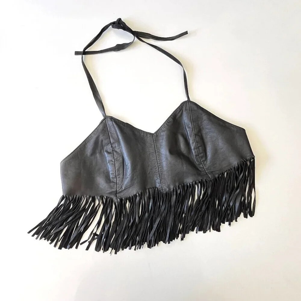 Vintage Women’s 80s Western Black Leather Fringe Halter Top Small