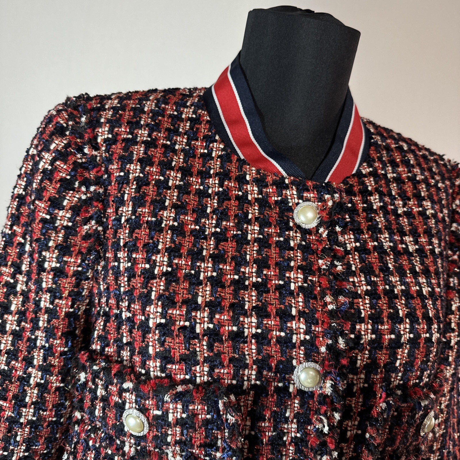ZARA WOMAN TWEED JACKET BLAZER WITH STRIPED DETAIL Sz Medium M Red Blue White