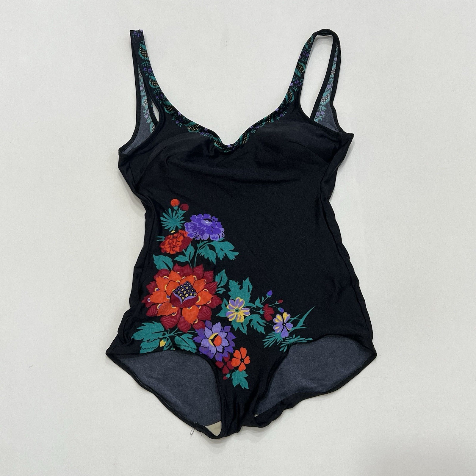 Vintage 1960s Gottex One Piece Swimsuit Sz 12 Black Retro Floral Low Back Pin Up