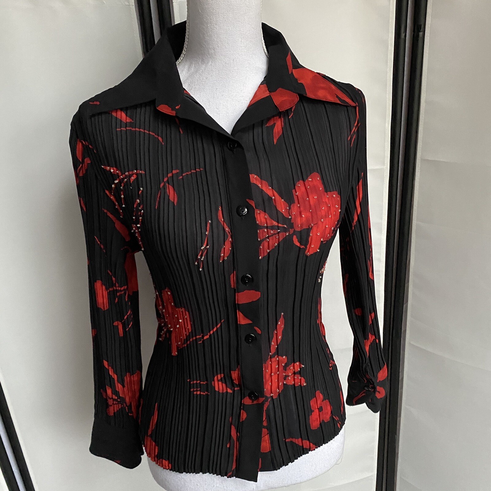 Patchington Vtg Womens Small See Through Top Black Red Button Up Shirt Floral E7