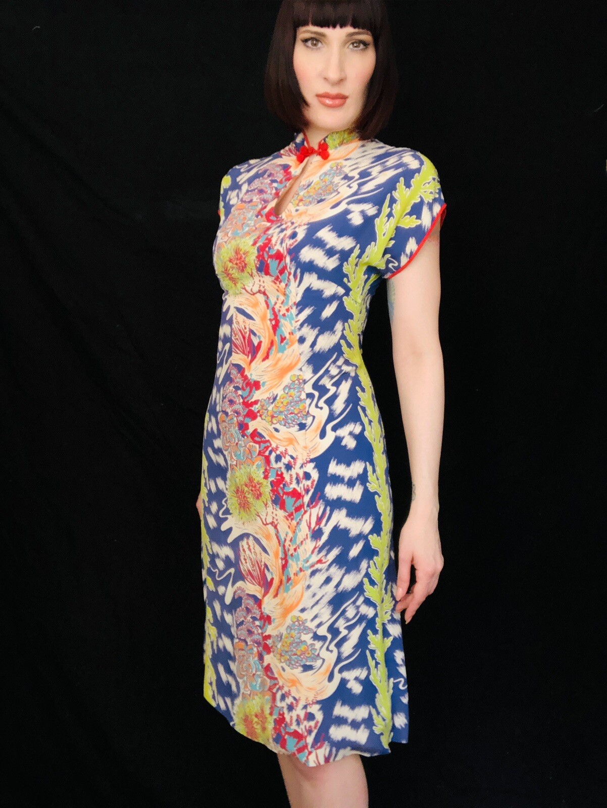 Vintage 1940s 40s Cold Rayon Wild Psychedelic Floral Hawaiian Dress Tiki Oasis