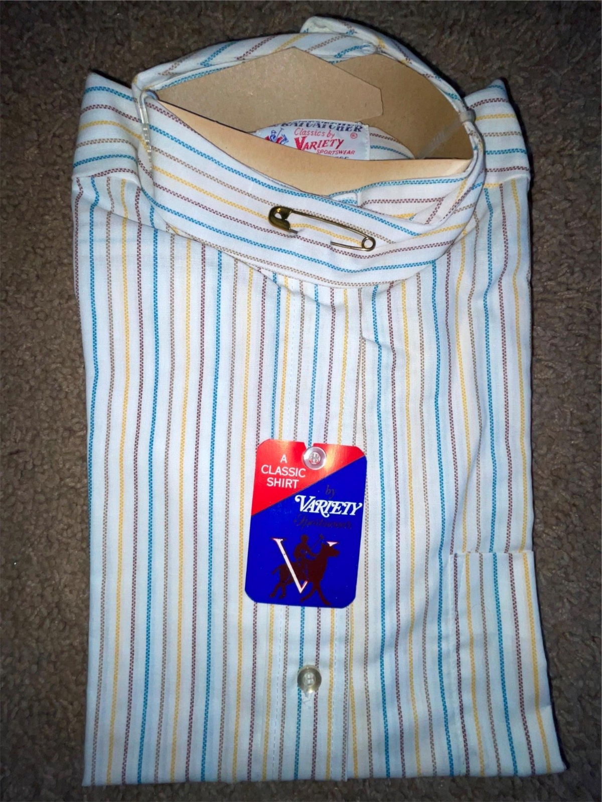VTG 70S WOMENS 32 STRIPED BLUE YELLOW WHT SLEEVELESS COLLARLESS EQUESTRIAN SHIRT