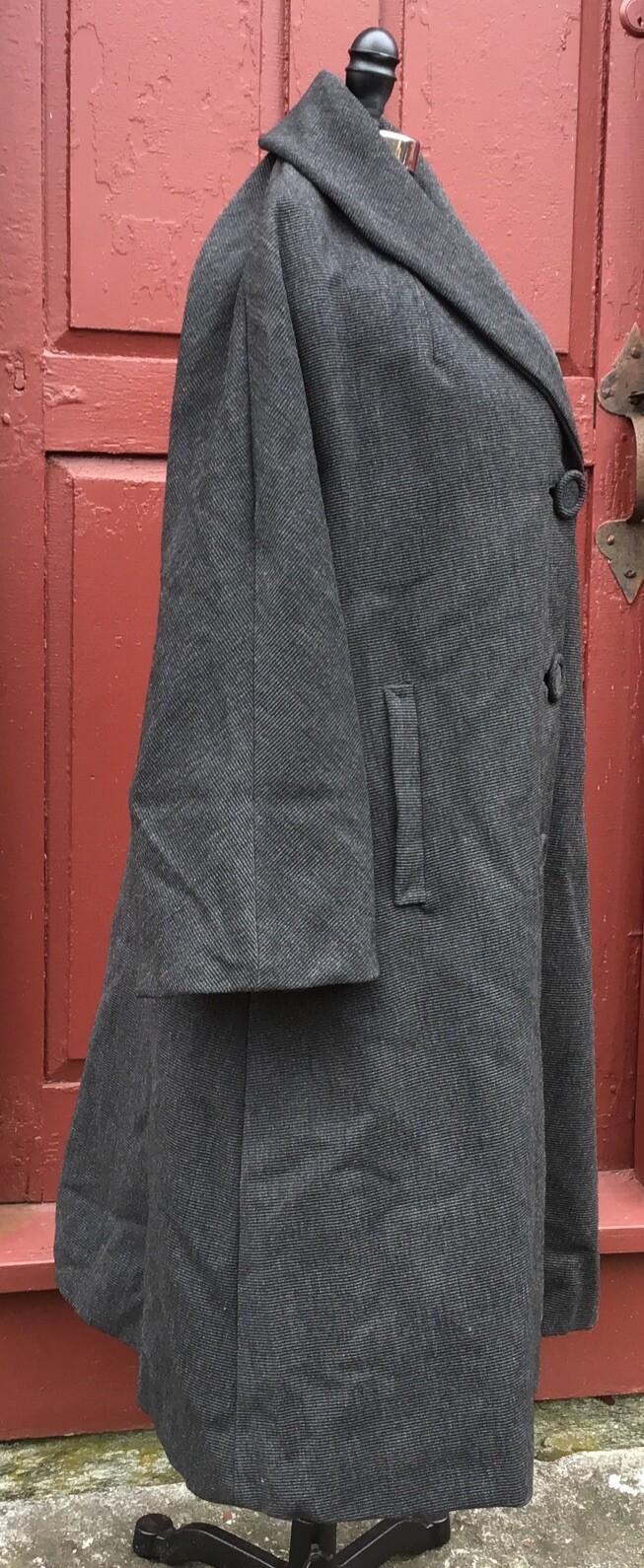 ANTIQUE 1930’S WOMAN’S WOOL SERGE TWILL SWAG COAT SATIN LINED IMMACULATE COND